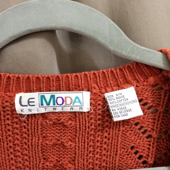 Vintage Oversized Cable V-Neck Sweater Y2K Le Moda Rayon Blend Made Hong Kong - Picture 2 of 3